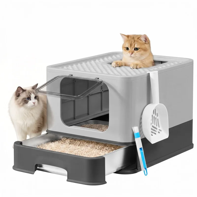 Katzenklo Edelstahl, Katzentoilette mit Schublade, Schaufel, Bürste, 2 Eingänge by Feandrea in Schiefergrau, Regular – product photo