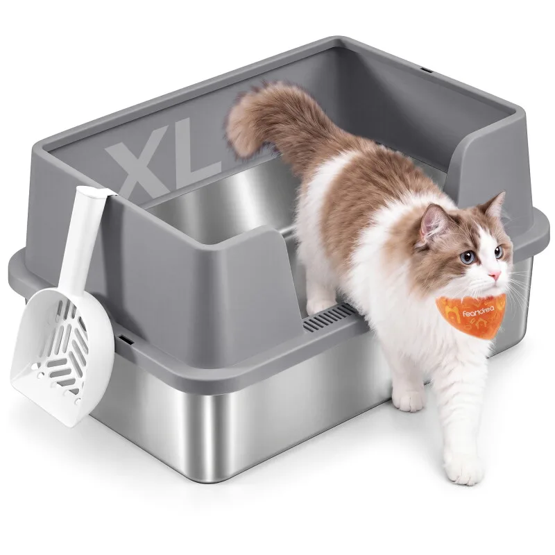 Katzenklo Edelstahl, Katzentoilette Offen, Hoher Rand von Feandrea in Dunkelgrau, Regular – Produktfoto