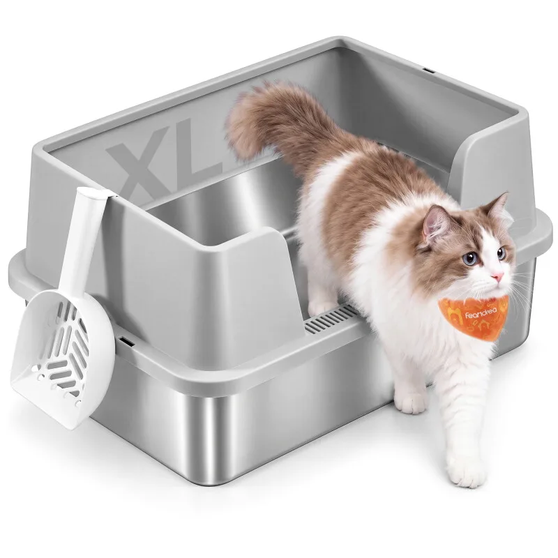Katzenklo Edelstahl, Katzentoilette Offen, Hoher Rand de Feandrea en Gris clair, Regular – photo produit