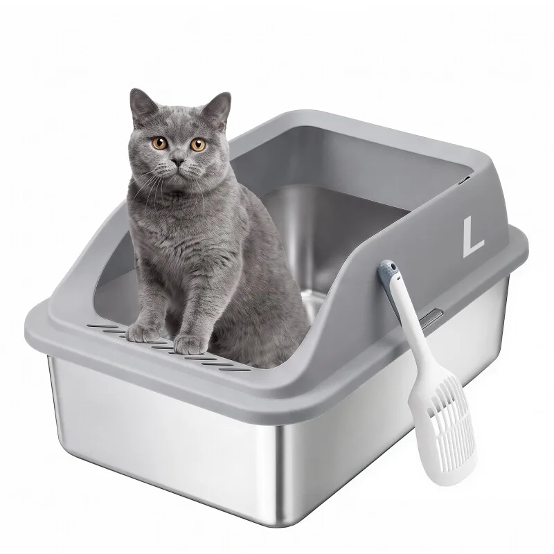 Katzenklo Edelstahl, Offen, Hoher Rand, 26 L, Katzentoilette XXL mit Schaufel fra Feandrea i Mørkegrå, Regular – produktbillede