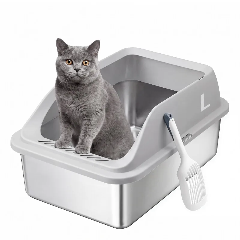 Katzenklo Edelstahl, Offen, Hoher Rand, 26 L, Katzentoilette XXL mit Schaufel fra Feandrea i Lysegrå, Regular – produktbillede