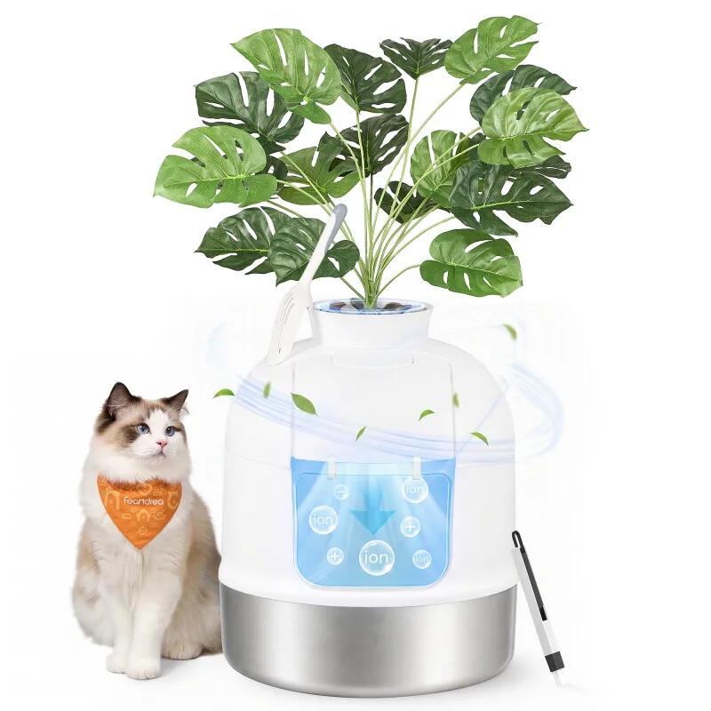Katzenklo Edelstahl XXL, geschlossen mit Pflanze Katzentoilette,Geruchskontrolle by Feandrea in White, Regular – product photo