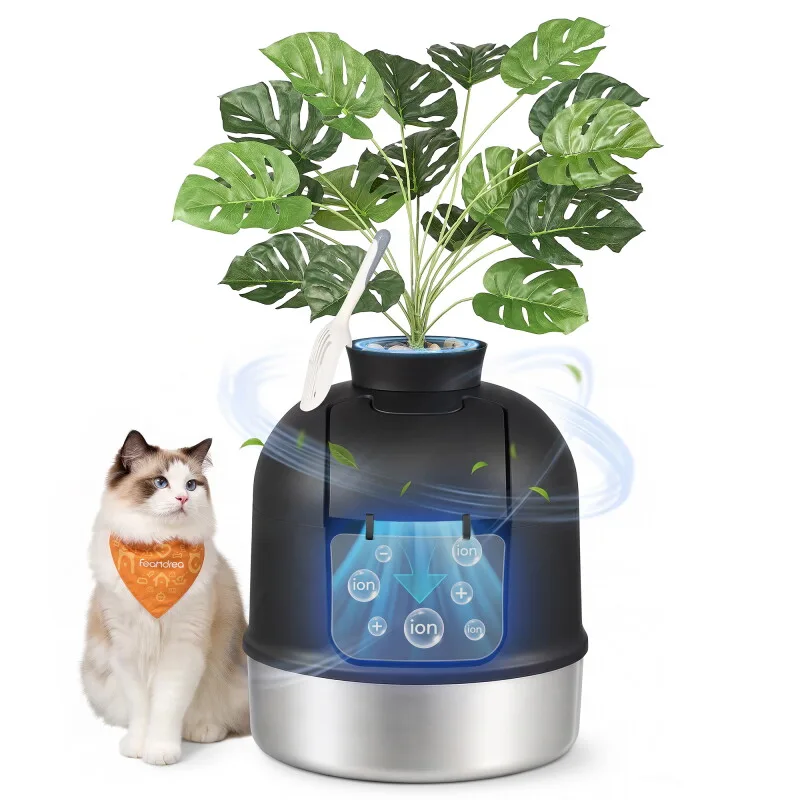 Katzenklo Edelstahl XXL, geschlossen mit Pflanze Katzentoilette,Geruchskontrolle by Feandrea in Black, Regular – product photo