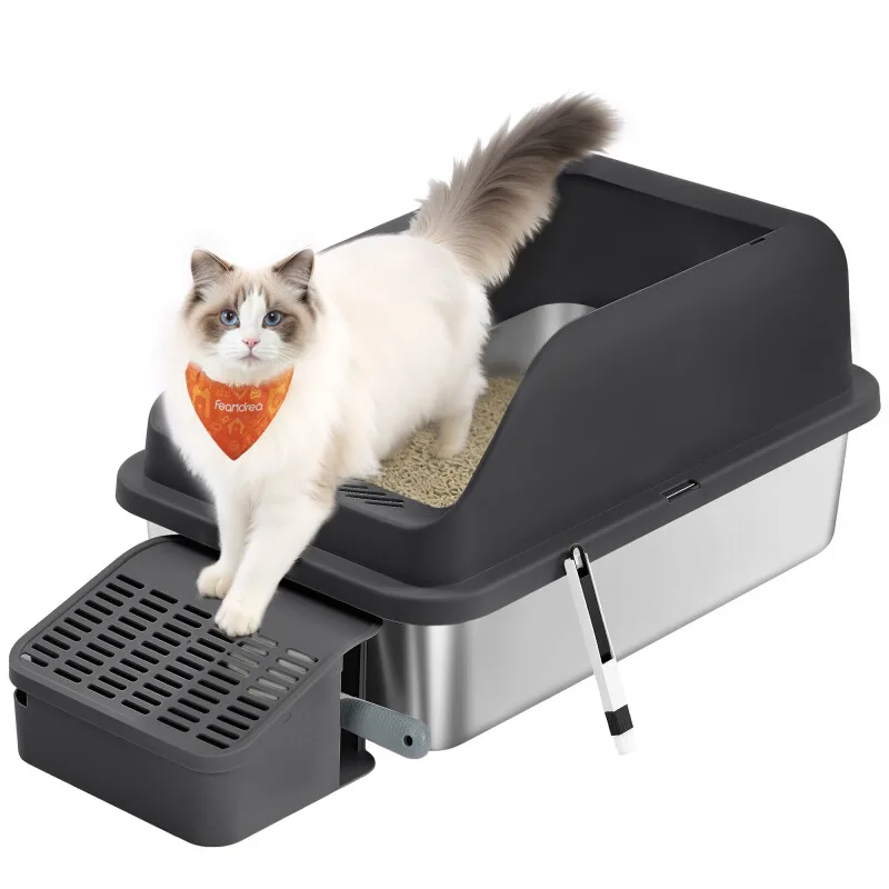 Katzenklo Edelstahl XXL, Offene Katzentoilette mit Schaufel, für Große Katzen fra Feandrea i Regular – produktbillede