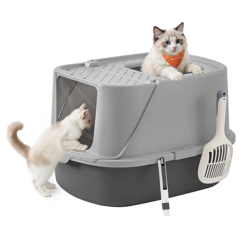 Katzenklo groß XXL, Katzentoilette mit Deckel, mit Schaufel und Bürste fra Feandrea i Lysegrå, Regular – produktbillede