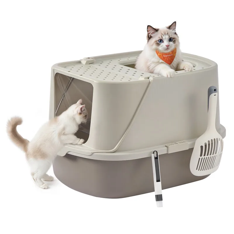 Katzenklo groß XXL, Katzentoilette mit Deckel, mit Schaufel und Bürste fra Feandrea i Khaki, Regular – produktbillede