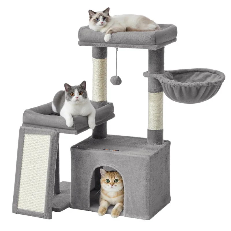 Katzenkratzbaum mit Höhle, Rampe und Körbchen, 2 große Plattformen von Feandrea in Hellgrau, Regular – Produktfoto