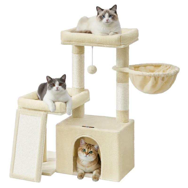 Katzenkratzbaum mit Höhle, Rampe und Körbchen, 2 große Plattformen van Feandrea in Beige, Regular – productfoto