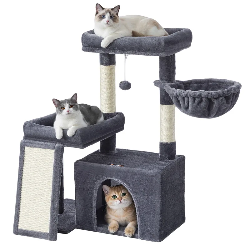 Katzenkratzbaum mit Höhle, Rampe und Körbchen, 2 große Plattformen van Feandrea in Donkergrijs, Regular – productfoto