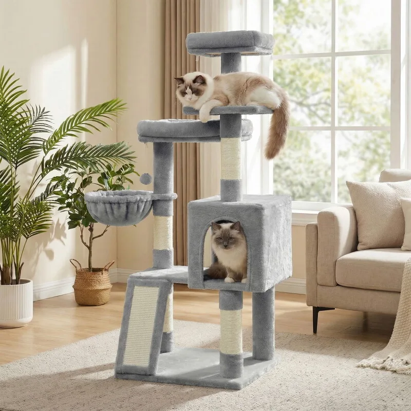 Kletterbaum mehrstufig, mit Rampe, Kratzsäulen, 3 Plattformen,136 cm von Feandrea in Hellgrau, Regular – Produktfoto