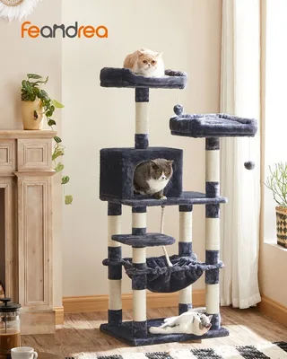 Klimboom 143 cm, Stevige Kattenboom met Kattenhuis, PCT15W de Feandrea en Gris clair – photo produit 2 sur 5