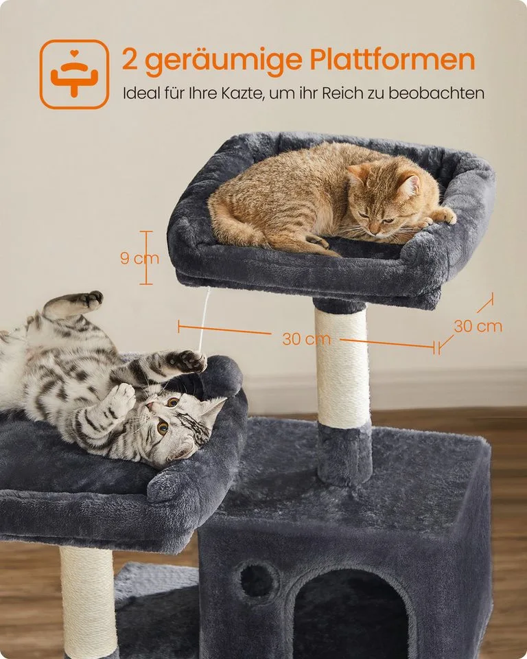 Klimboom 143 cm, Stevige Kattenboom met Kattenhuis, PCT15W de Feandrea en Gris clair – photo produit 4 sur 5