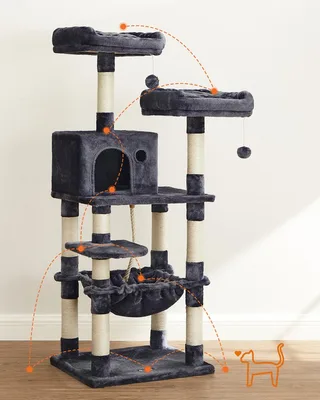 Klimboom 143 cm, Stevige Kattenboom met Kattenhuis, PCT15W de Feandrea en Gris clair – photo produit 3 sur 5