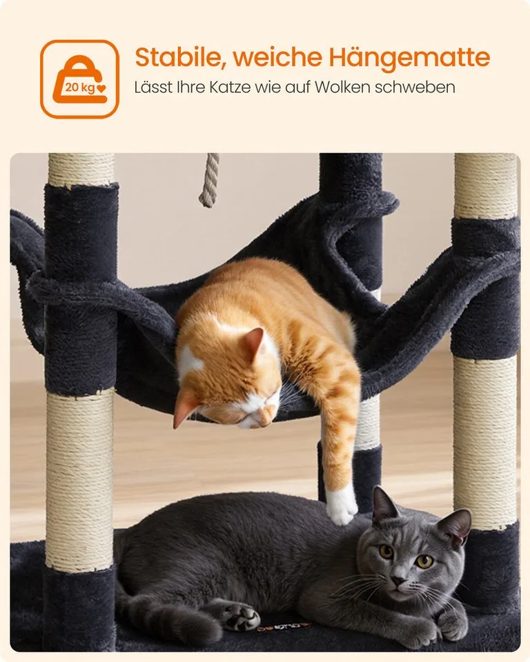 Klimboom 143 cm, Stevige Kattenboom met Kattenhuis, PCT15W de Feandrea en Gris clair – photo produit 5 sur 5