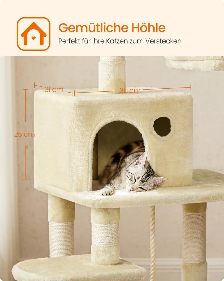 Krabpaal 143 cm - Stevige Kattenboom - met Kattenhuis - ligplekken en krabplekken de Feandrea en Beige – photo produit 5 sur 5