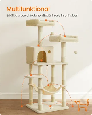 Krabpaal 143 cm - Stevige Kattenboom - met Kattenhuis - ligplekken en krabplekken de Feandrea en Beige – photo produit 3 sur 5