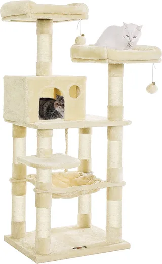 Krabpaal 143 cm - Stevige Kattenboom - met Kattenhuis - ligplekken en krabplekken de Feandrea en Beige – photo produit 1 sur 5