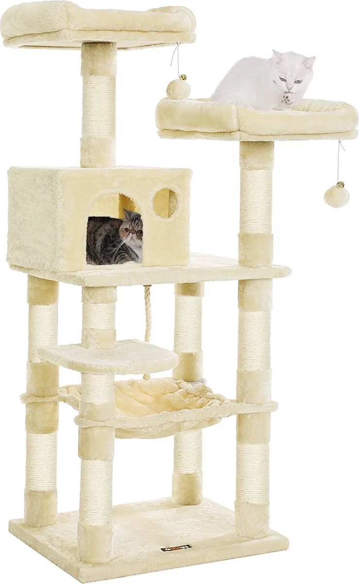 Krabpaal 143 cm - Stevige Kattenboom - met Kattenhuis - ligplekken en krabplekken de Feandrea en Beige – photo produit 1 sur 5