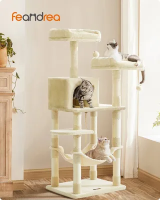 Krabpaal 143 cm - Stevige Kattenboom - met Kattenhuis - ligplekken en krabplekken de Feandrea en Beige – photo produit 2 sur 5