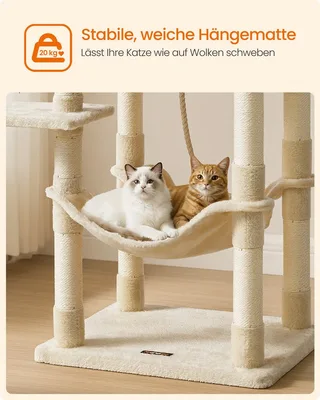 Krabpaal 143 cm - Stevige Kattenboom - met Kattenhuis - ligplekken en krabplekken de Feandrea en Beige – photo produit 4 sur 5
