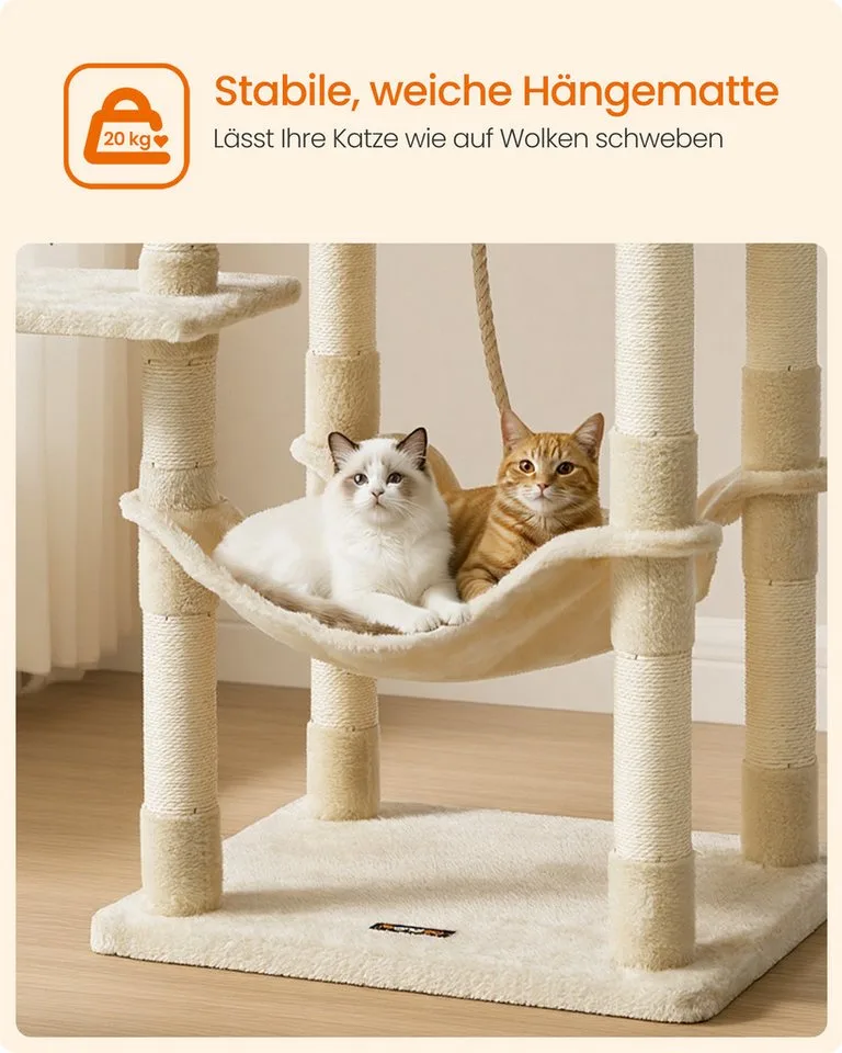 Krabpaal 143 cm - Stevige Kattenboom - met Kattenhuis - ligplekken en krabplekken de Feandrea en Beige – photo produit 4 sur 5