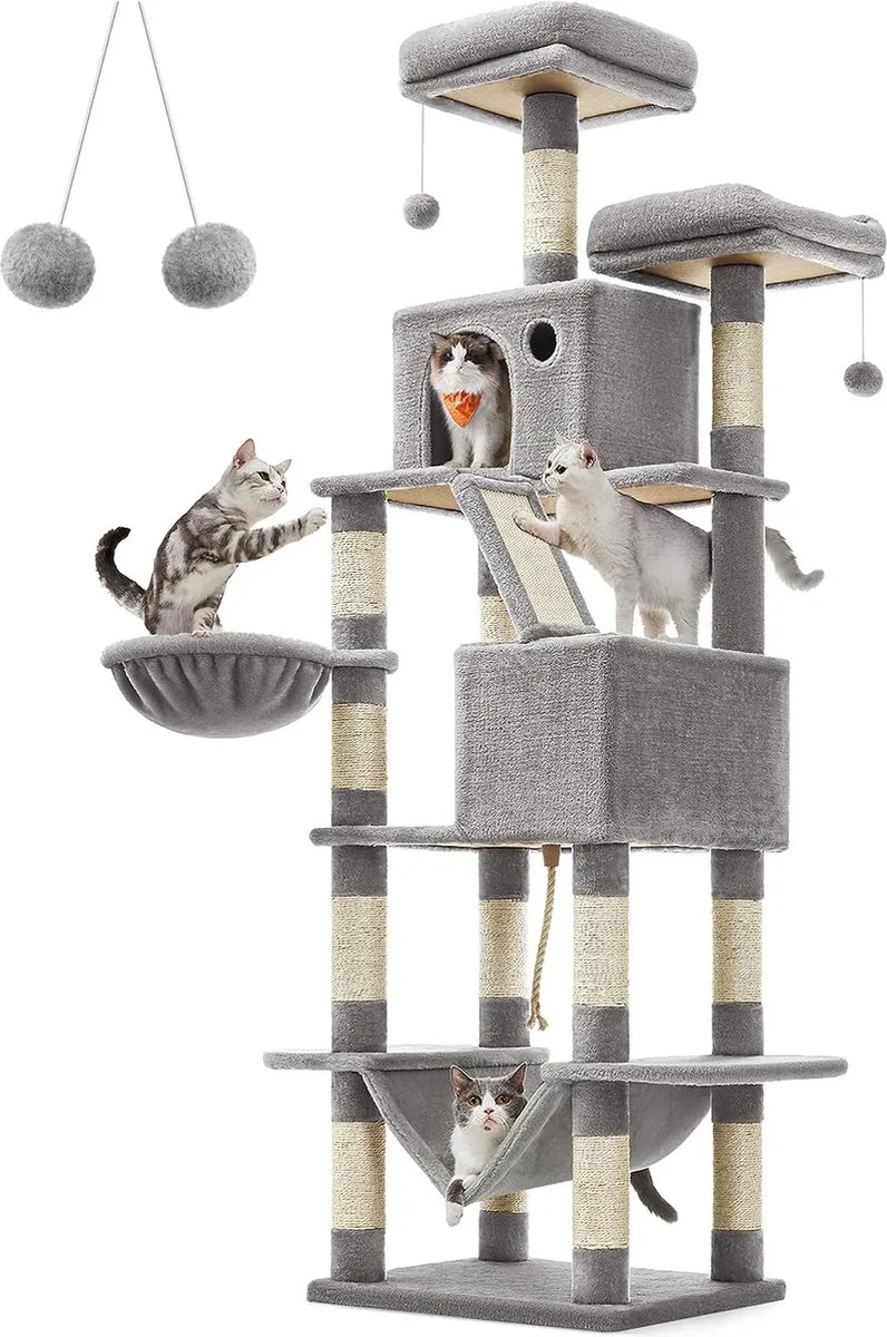 Krabpaal 206 cm - Kattenboom - 2 platforms - 2 kattenholletjes - Hangmat en mand - Lichtgrijs de Feandrea en Gris – photo produit