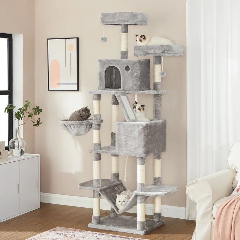 Krabpaal groot, 154 cm hoog, XXL kattenboom,2 platforms, mand, hangmat, pluche ballen, meerlaagse kattenkrabpaal by Feandrea in Light grey – product photo