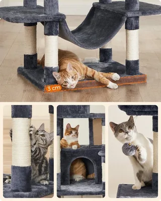 Krabpaal groot, 206 cm hoog, XXL kattenboom, met 13 krabzuilen, 2 platforms, 2 holten, mand, hangmat, pluche ballen, meerlaagse kattenkrabpaal von Feandrea in Rookgrijs – Produktfoto 5 von 5