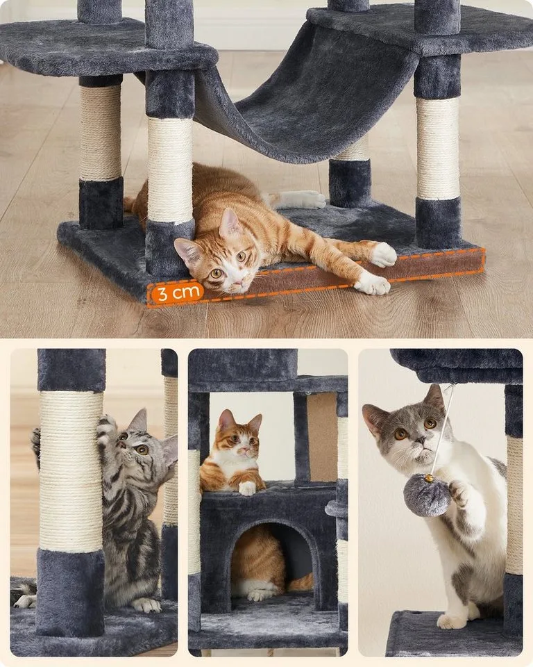 Krabpaal groot, 206 cm hoog, XXL kattenboom, met 13 krabzuilen, 2 platforms, 2 holten, mand, hangmat, pluche ballen, meerlaagse kattenkrabpaal von Feandrea in Rookgrijs – Produktfoto 5 von 5