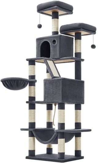 Krabpaal groot, 206 cm hoog, XXL kattenboom, met 13 krabzuilen, 2 platforms, 2 holten, mand, hangmat, pluche ballen, meerlaagse kattenkrabpaal von Feandrea in Rookgrijs – Produktfoto 1 von 5