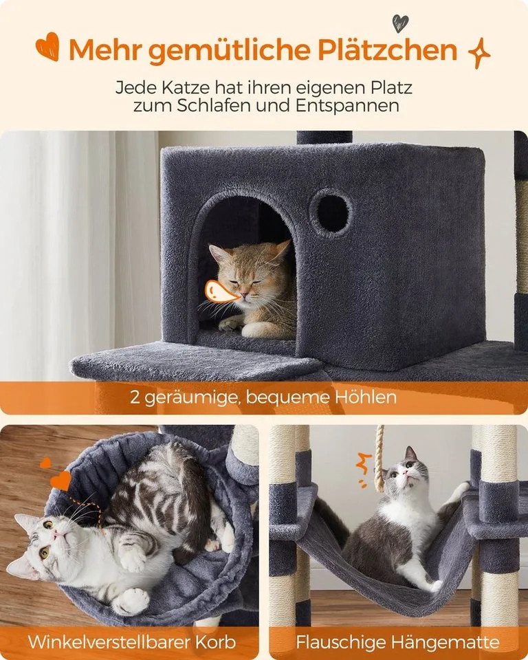 Krabpaal groot, 206 cm hoog, XXL kattenboom, met 13 krabzuilen, 2 platforms, 2 holten, mand, hangmat, pluche ballen, meerlaagse kattenkrabpaal von Feandrea in Rookgrijs – Produktfoto 3 von 5