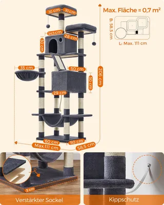 Krabpaal groot, 206 cm hoog, XXL kattenboom, met 13 krabzuilen, 2 platforms, 2 holten, mand, hangmat, pluche ballen, meerlaagse kattenkrabpaal von Feandrea in Rookgrijs – Produktfoto 4 von 5