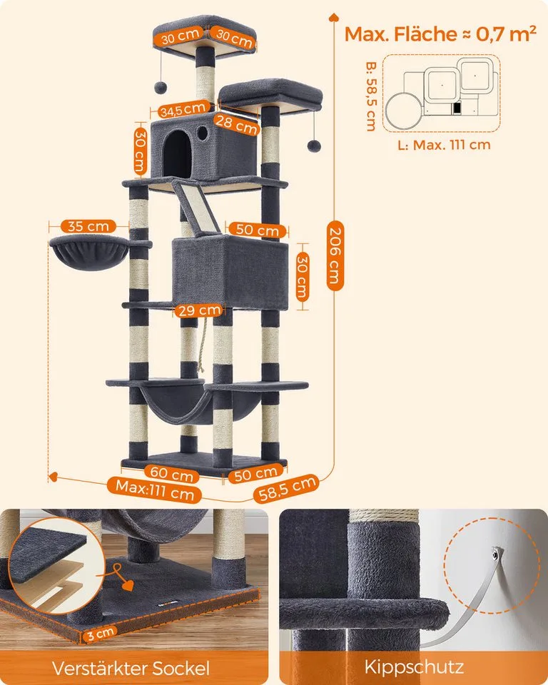 Krabpaal groot, 206 cm hoog, XXL kattenboom, met 13 krabzuilen, 2 platforms, 2 holten, mand, hangmat, pluche ballen, meerlaagse kattenkrabpaal von Feandrea in Rookgrijs – Produktfoto 4 von 5