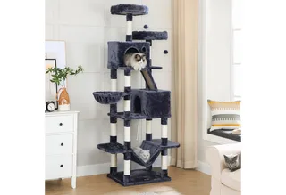 Krabpaal groot, 206 cm hoog, XXL kattenboom, met 13 krabzuilen, 2 platforms, 2 holten, mand, hangmat, pluche ballen, meerlaagse kattenkrabpaal von Feandrea in Rookgrijs – Produktfoto 2 von 5