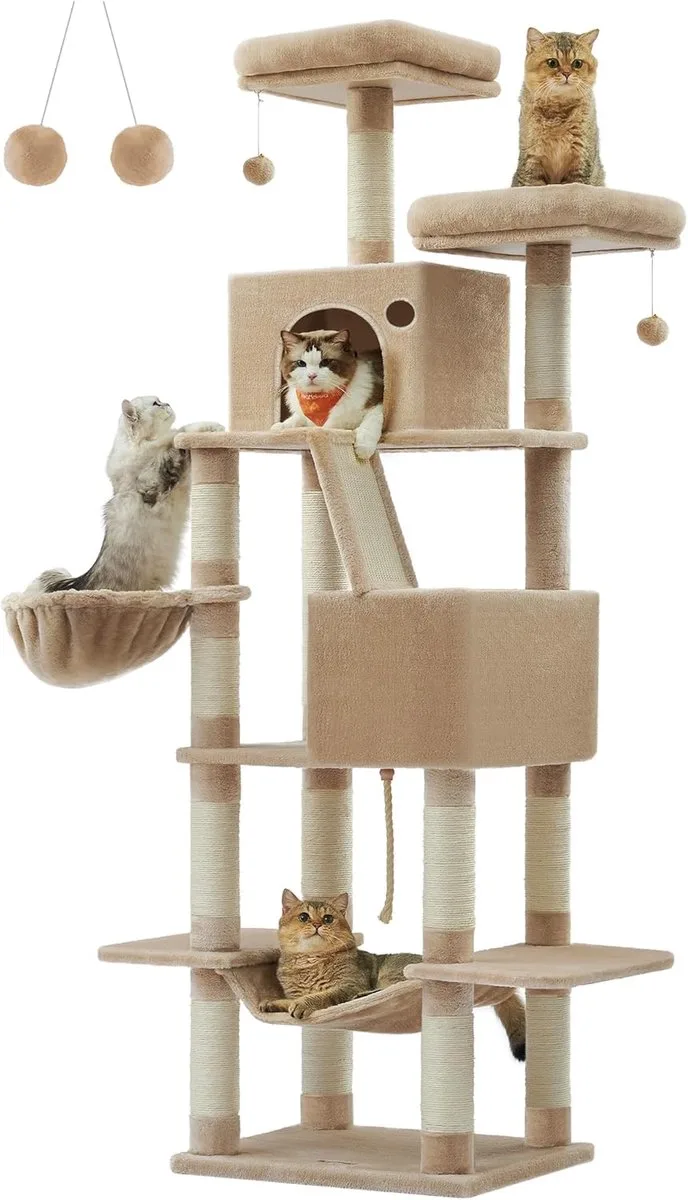 krabpaal groot, 206 cm hoog, XXL krabpaal, met 13 krabpalen, 2 platformen, 2 grotten, mand, hangmat, pluche ballen, multi-stapel kattenkrabpaal, PCT190K01 de Feandrea en Camel bruin – photo produit