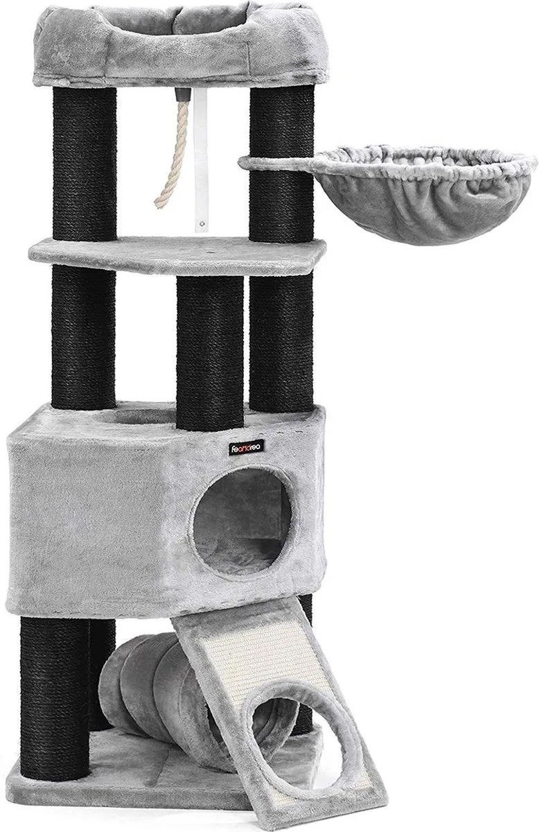 Krabpaal groot -kattenboom met pluizig uitzichtplatform - ligkom en knuffelholte - kattentoren - XL von Feandrea in Grau – Produktfoto
