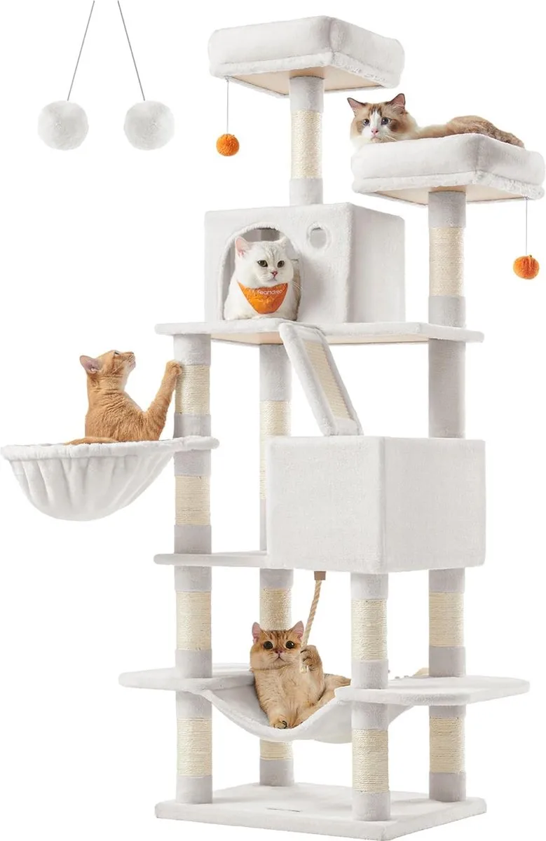 Krabpaal Grote 168 cm Hoge L Krabpaal met 13 Krabpalen, 2 Platforms, 2 Grotten, Mand, Hangmat, Pluche Ballen, Meerlaagse Krabpaal, Crème de Feandrea en Blanc – photo produit