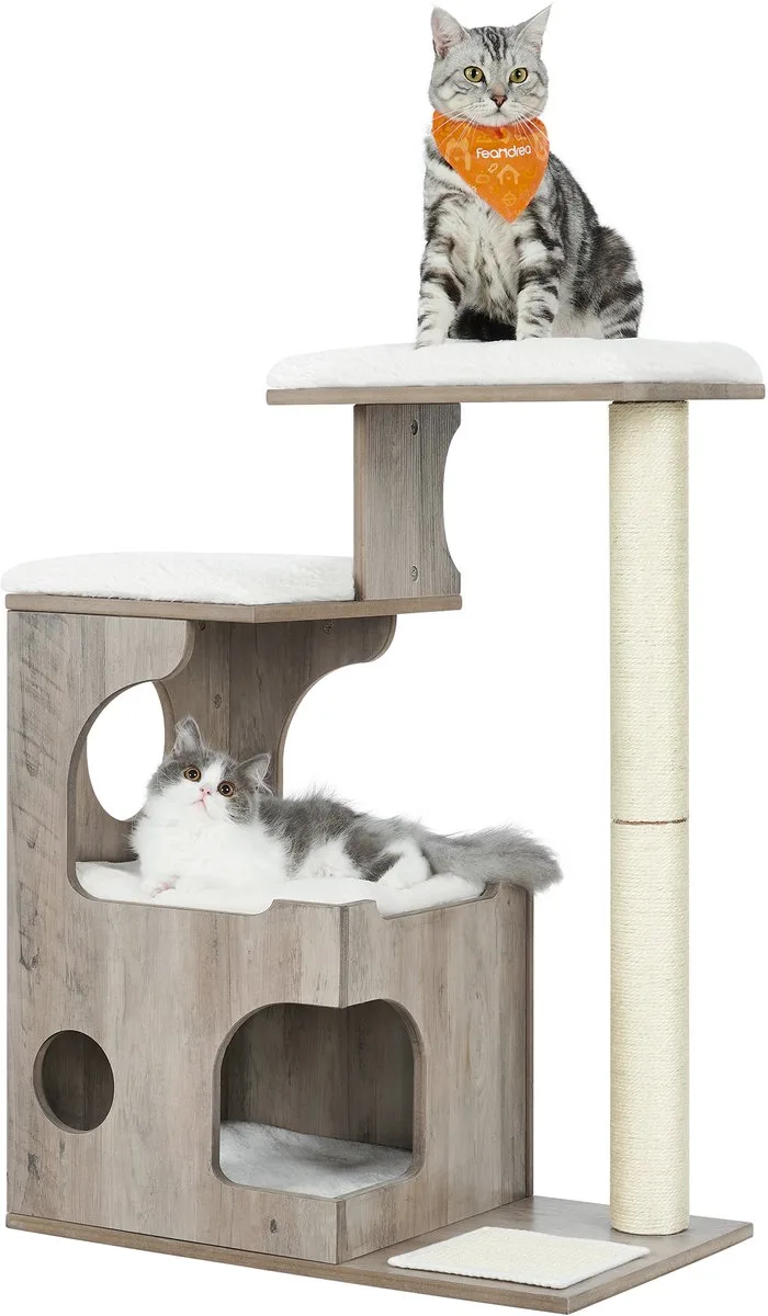 Krabpaal - Houten Krabpaal voor Katten - Met Huisje en Ligplatforms - Wasbare Pluche Kussens by Feandrea in Greige – product photo