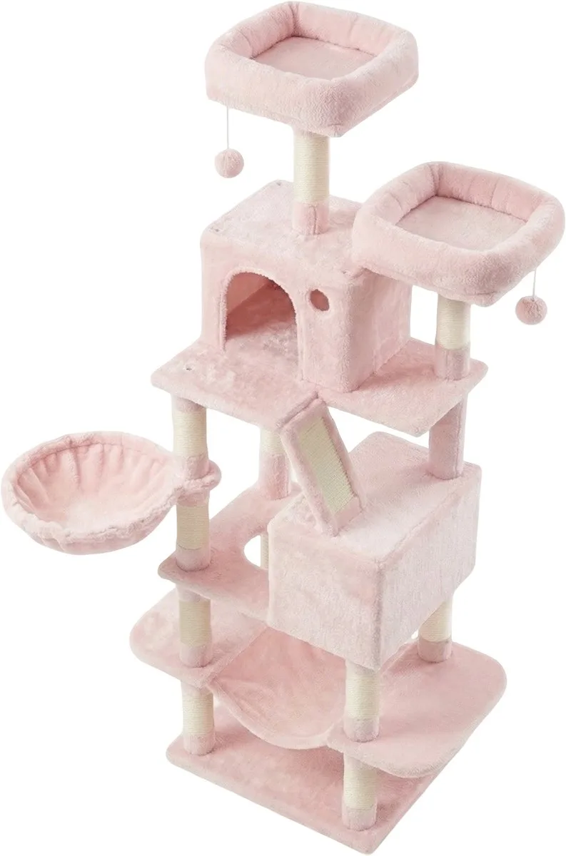 Krabpaal - Kattenboom - 13 Krabpalen - 2 Platforms - 2 Grotten - Mand en Hangmat van Feandrea in Roze – productfoto