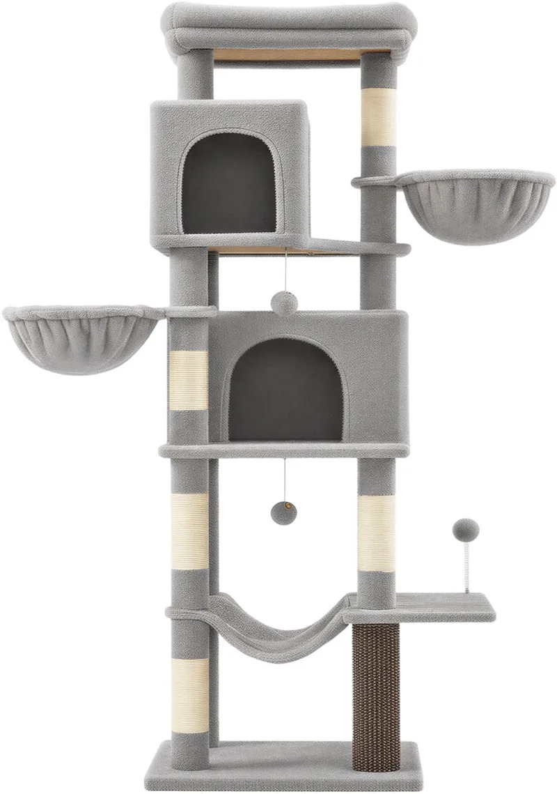 Krabpaal - Kattenboom - 175 cm Hoog - 2 Huisjes - 2 Hangmatten - 5 Krabstammen fra Feandrea i Grå – produktbillede