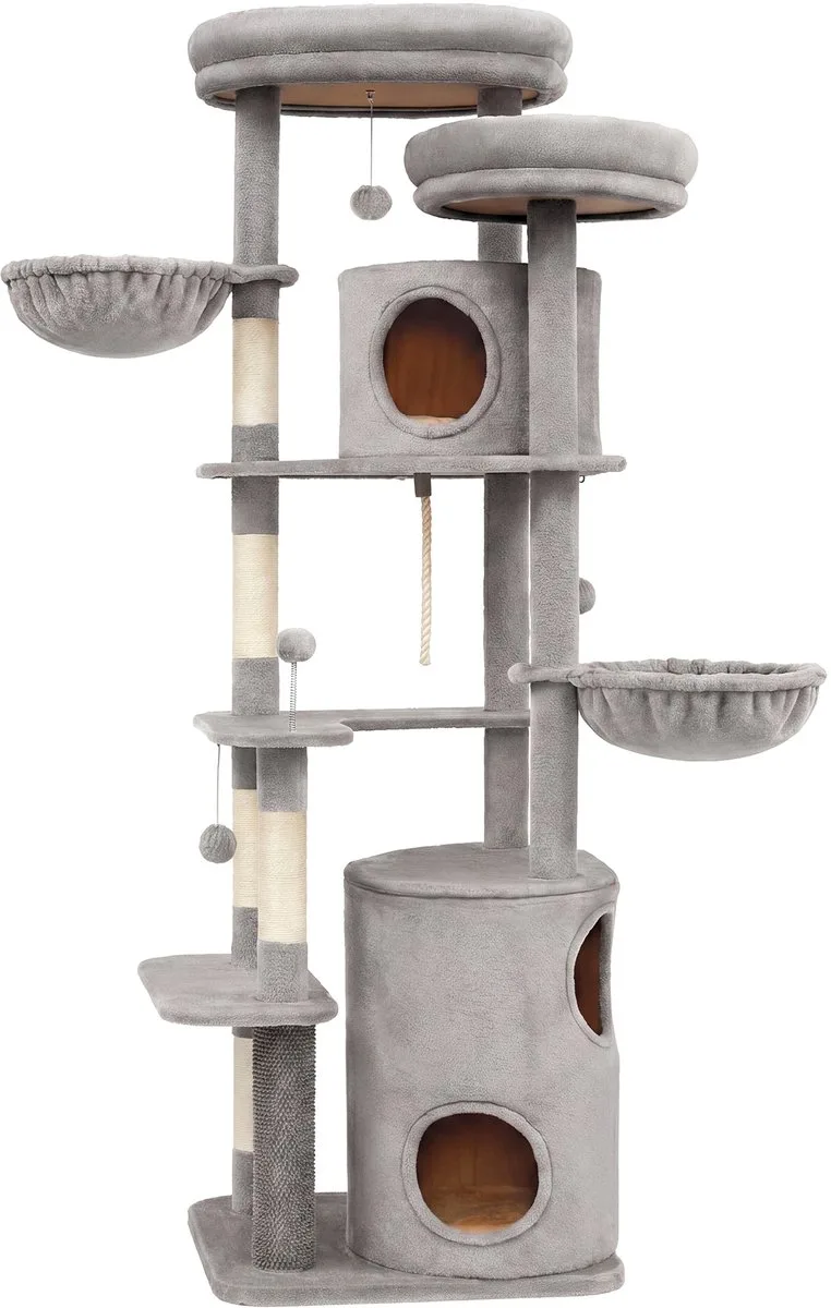 Krabpaal - Kattenboom - 196 cm Hoog - Met Tunnel en 3 Huisjes de Feandrea en Gris clair – photo produit