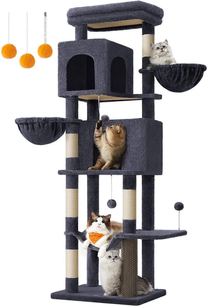 Krabpaal - Kattenboom - Grote - 175 cm - Meerdere Verdiepingen - 2 Grotten 2 Hangmatten de Feandrea en Gris foncé – photo produit