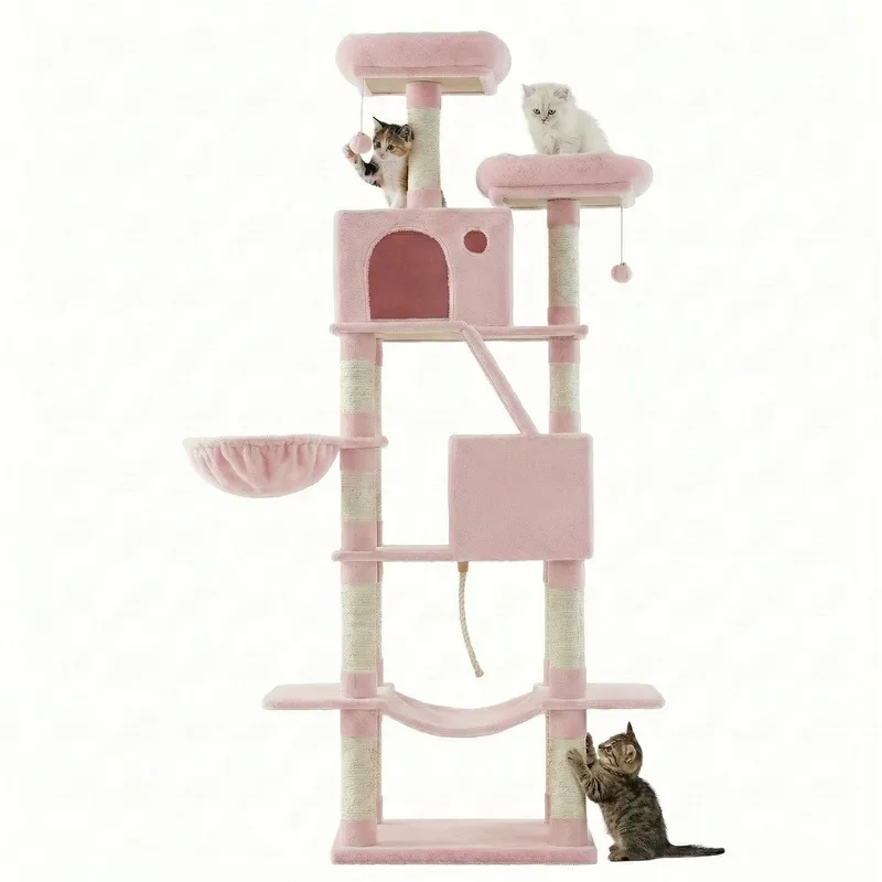 Krabpaal - Kattenboom - Grote Katten - 13 Krabpalen - 2 Grotten - Meerdere Niveaus von Feandrea in Rosa – Produktfoto