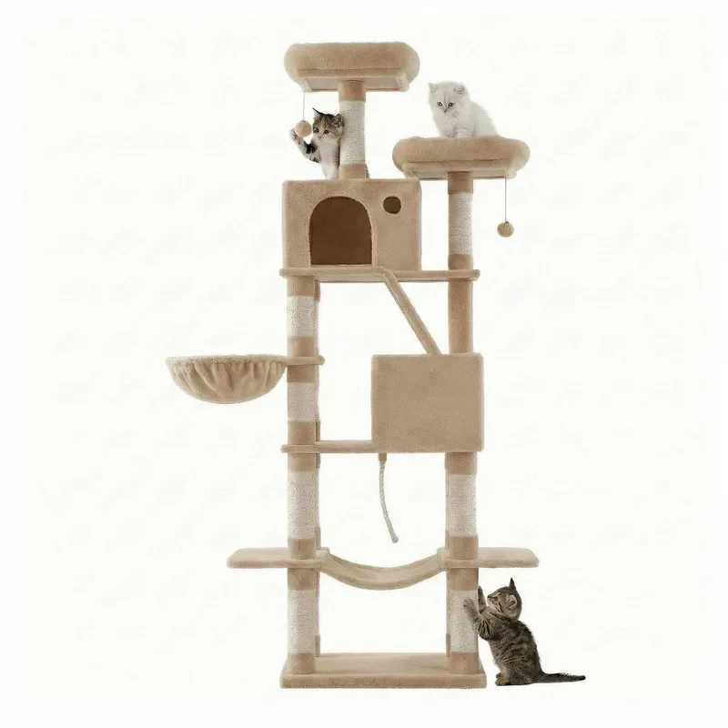 Krabpaal - Kattenboom - Grote Katten - 206 cm Hoog - 13 Krabpalen - 2 Grotten - Hangmat de Feandrea en Marron – photo produit