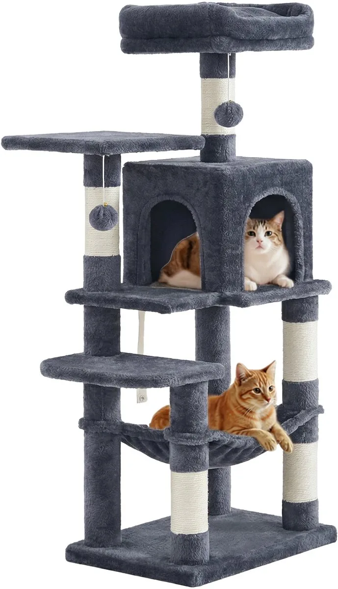 Krabpaal - Kattenboom - Katten - Meerdere Verdiepingen - 4 Krabpalen - Hangmat en Grot fra Feandrea i Rookgrijs – produktbillede