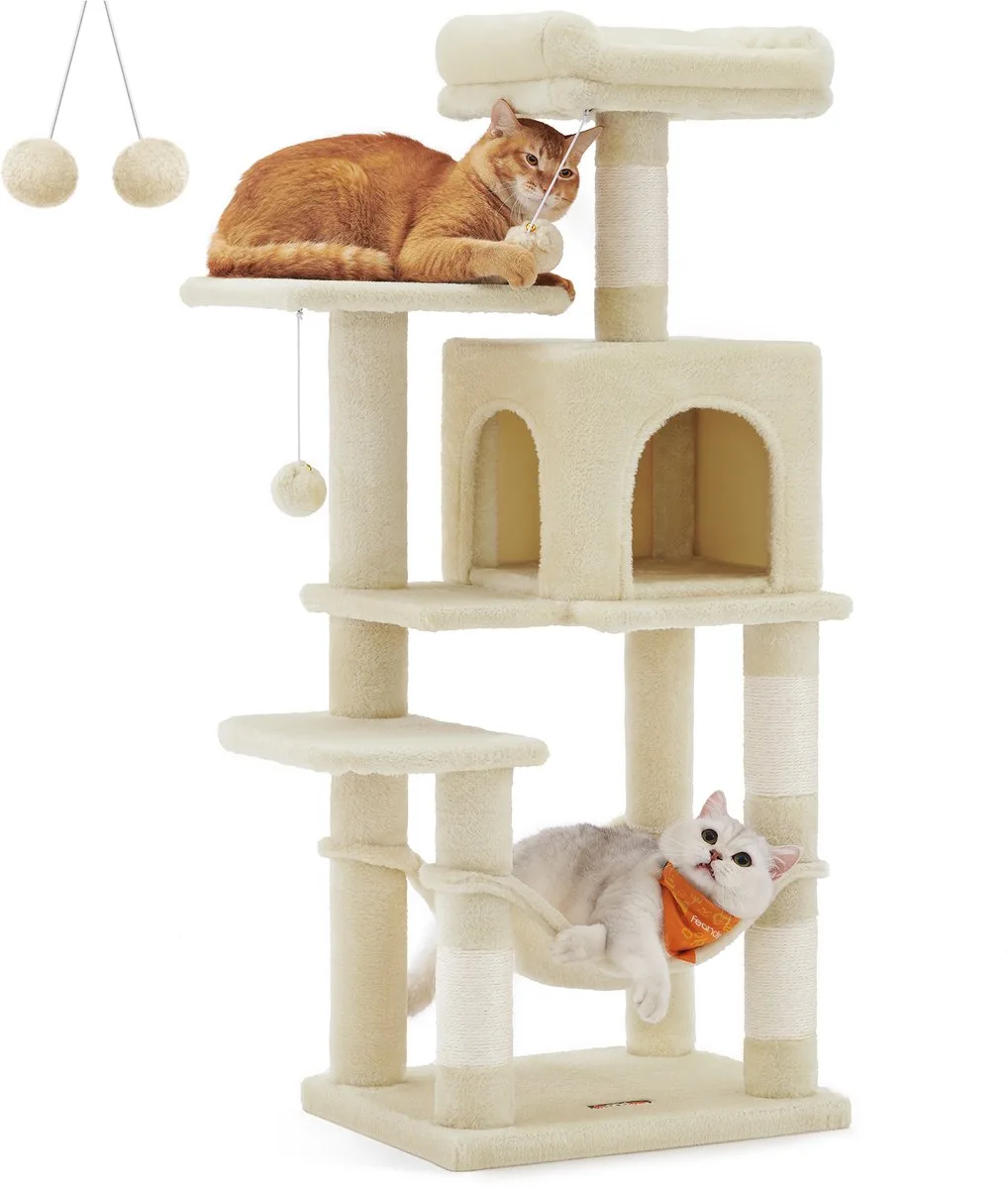 Krabpaal - Kattenboom - Meerdere Verdiepingen - 4 Krabpalen en Hangmat från Feandrea i Beige – produktbild