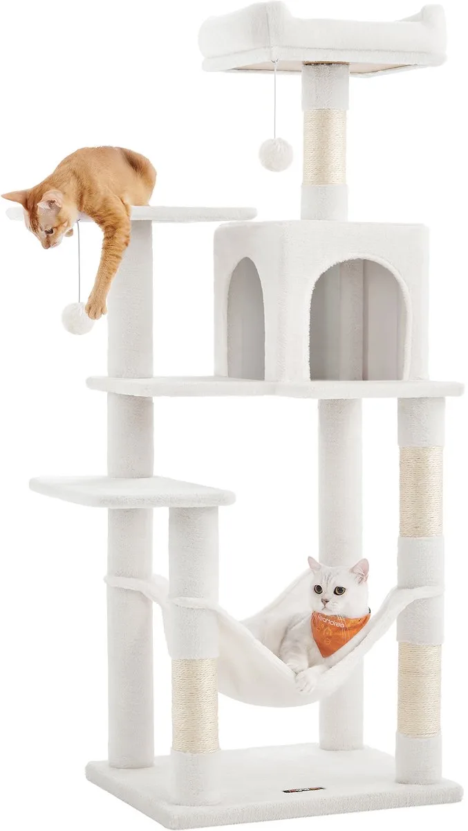 Krabpaal - Kattenboom - Meerdere Verdiepingen - 4 Krabpalen - Hangmat en Huisje von Feandrea in Crème wit – Produktfoto