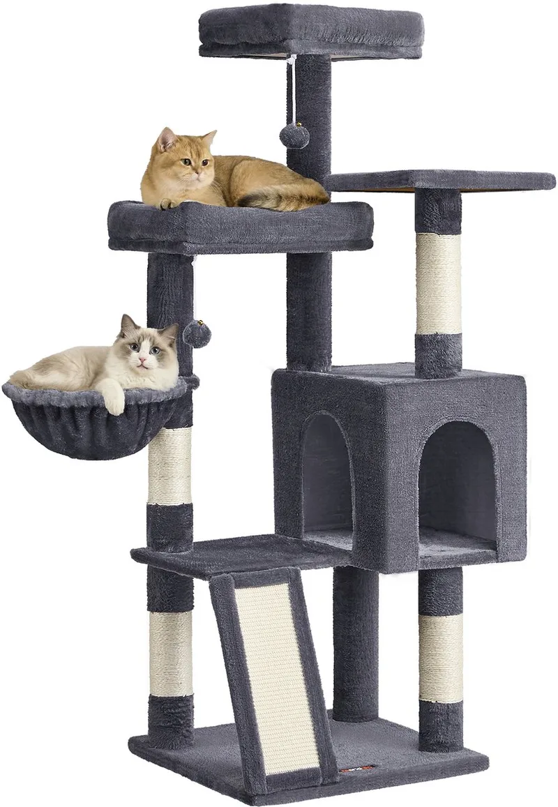 Krabpaal - Kattenboom - Met Oprijplaat - Krabpalen - 3 Platforms - Huisje - Mand 2 Ballen de Feandrea en Gris foncé – photo produit