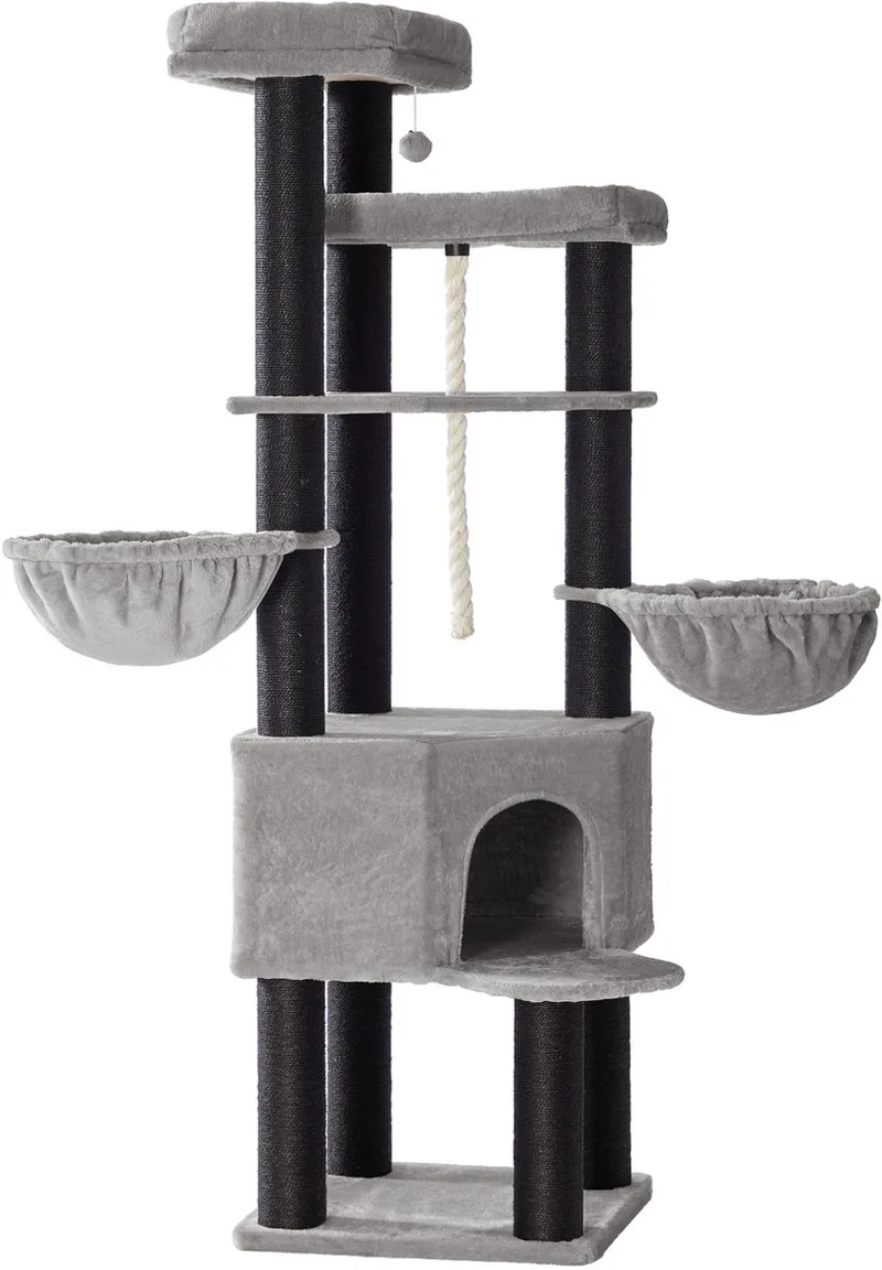 Krabpaal - Kattenboom - Voor Grote Katten - Meerdere Verdiepingen - Dikke Sisalstammen de Feandrea en Duifgrijs-Inktzwart – photo produit