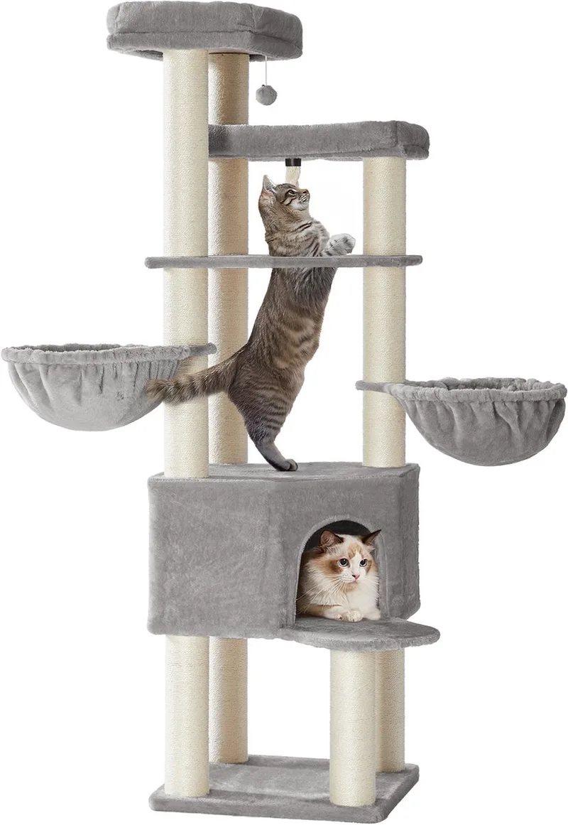 Krabpaal - Kattenboom - Voor Grote Katten - Meerdere Verdiepingen - Dikke Sisalstammen by Feandrea in Duifgrijs-crème – product photo